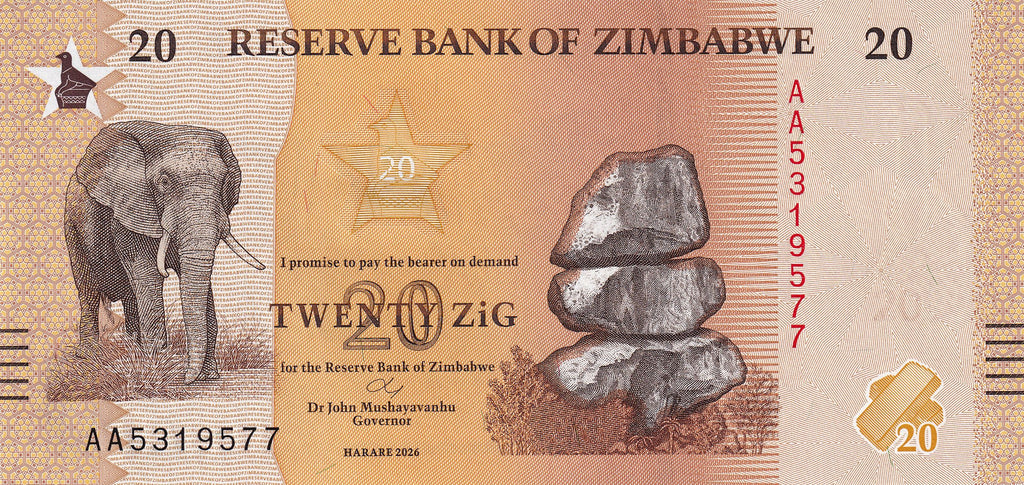 Zimbabwe P-116 20 ZiG 2026 UNC—Elephant—Zimbabwe Gold Currency