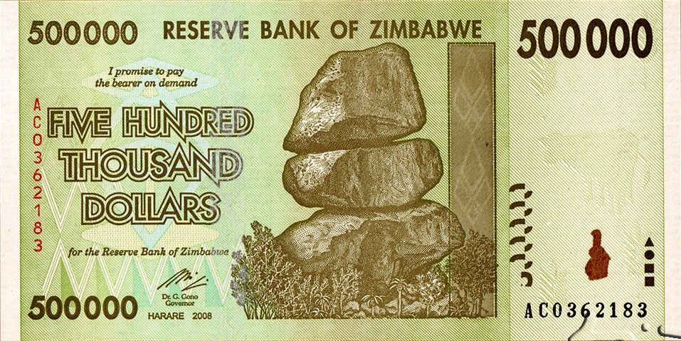 Zimbabwe P-76 500000 Dollars 2008 VF—Hyperinflation—Balancing Rocks—Green