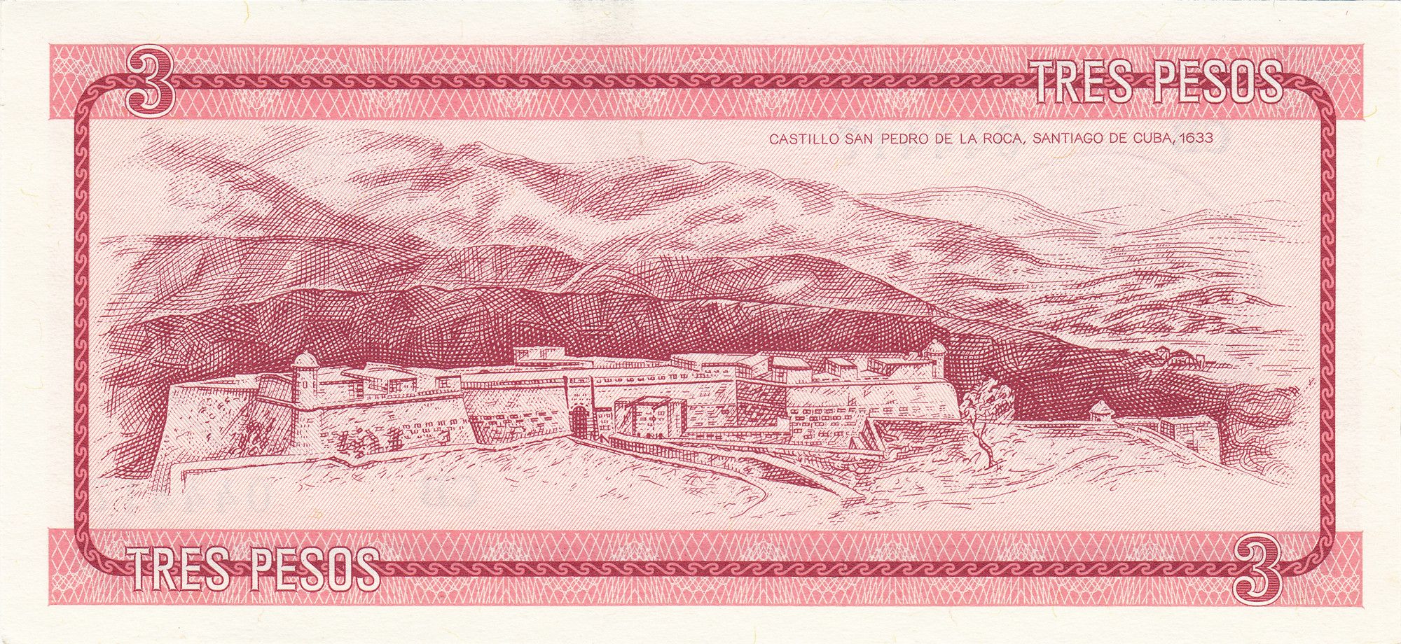 Caribbean | P-FX2 FX certificate Series A 3 Pesos 1985 UNC | San Pedro de la Roca Fort (1633) Santiago