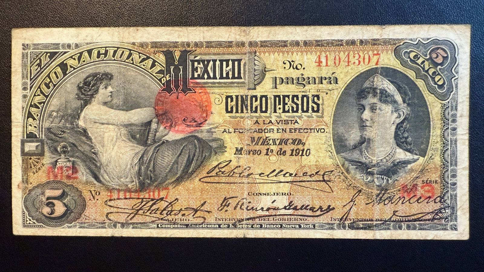 Mexico 5 Pesos (½c) 1910 Banco Nacional De Mexico S257 F Series M2/M3 s/n41044070
