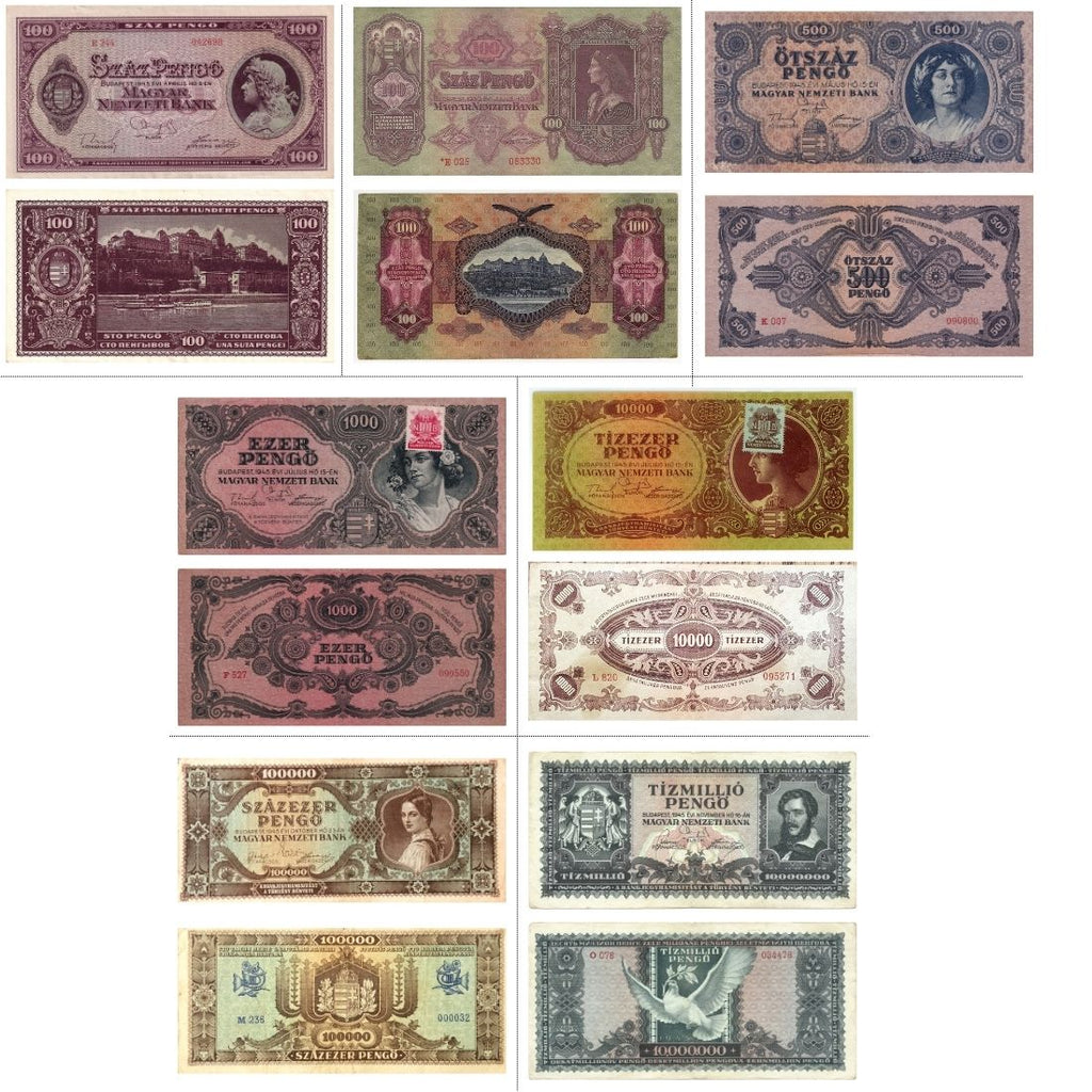 Hungary  7 Pc Set—Hyperinflation—100-10000000 forint 1930–1945 VF+ Very Fine Plus