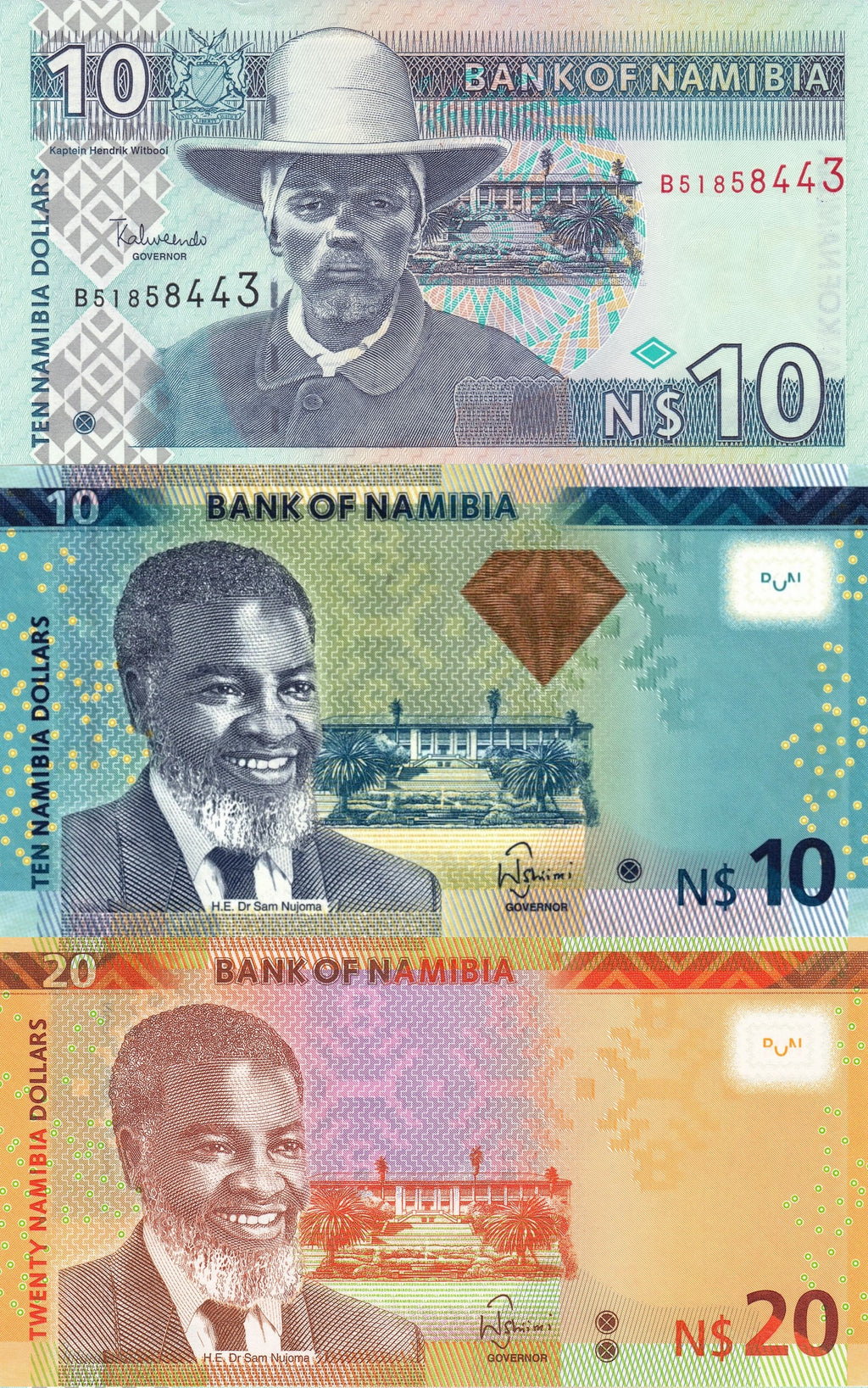Namibia 3 pc set - one of each type! | P-4 P-11b P-17c | 10 10 20 dollars UNC